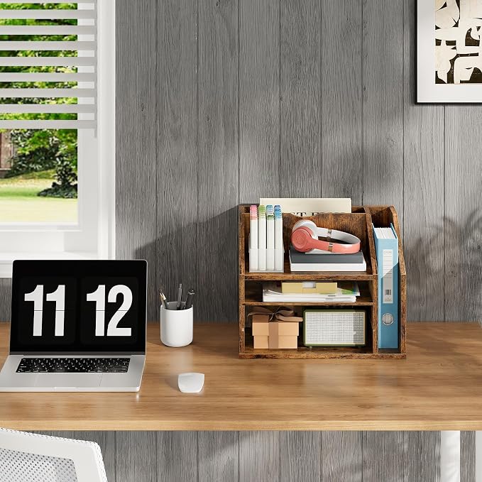 Wooden Desk Organizer with Adjustable Partitions, Multi-Layer Desktop File Holder for Home Office, Paper & Stationery Storage Organizer, Rustic Brown MWJ04FG - Image 8
