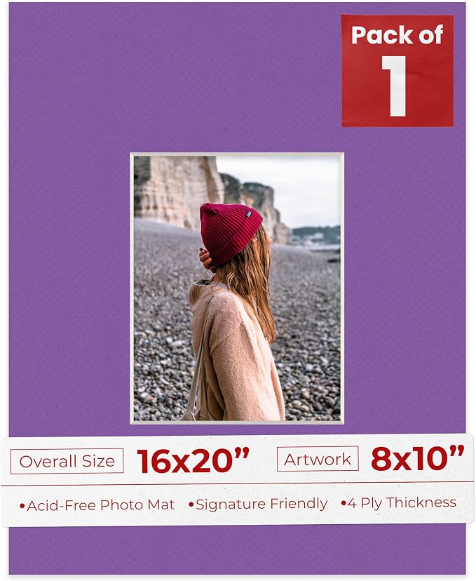 8x10 Mat for 16x20 Frame - Precut Mat Board Acid-Free Purple 8x10 Photo Matte Made to Fit a 16x20 Picture Frame, Premium Matboard for Family Photos, Show Kits, Art, Picture Framing, Pack of 1 Mat by PosterPalooza