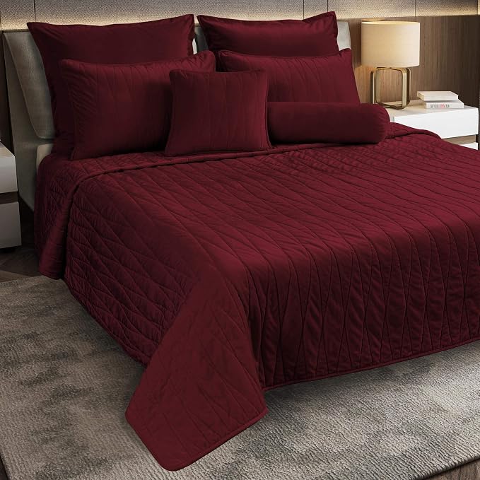 Velvet Quilt Maxi Set, Seven Pieces Ensemble, Jewel Premium Heavy Velvet Collection, Cotton Backing, Cotton Batting, Full/Queen, Burgundy - Image 7