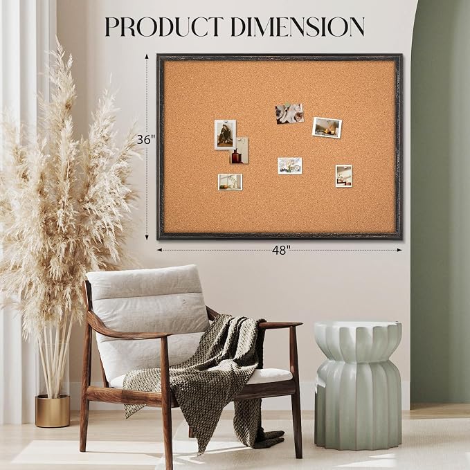 Large Cork Board Bulletin Board, 48"x36" Corkboard for Wall | Rustic Black Wooden Frame, Decorative Pin Board, Message Board, Notice Board, Vision Board for Home, Office, Kitchen - Image 7