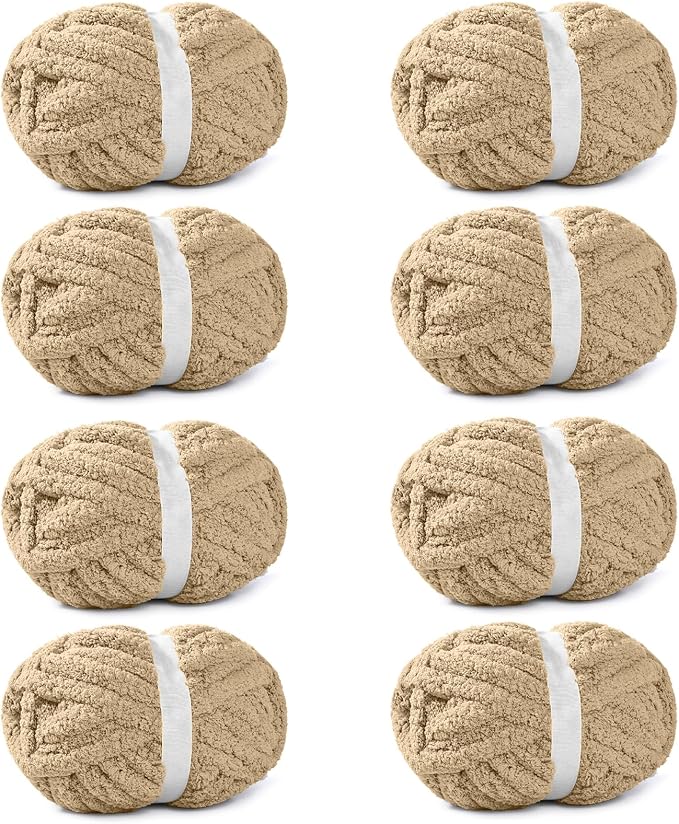 8 Pack Khaki Chunky Chenille Yarn for Crocheting, Blanket Extra Thick Yarn, Super Bulky Large Soft Fluffy Plush Fuzzy Thick Chenille Yarn-1 Pack of 226g/7.97oz- Knitting/Crochet-Khaki by JOYMAY