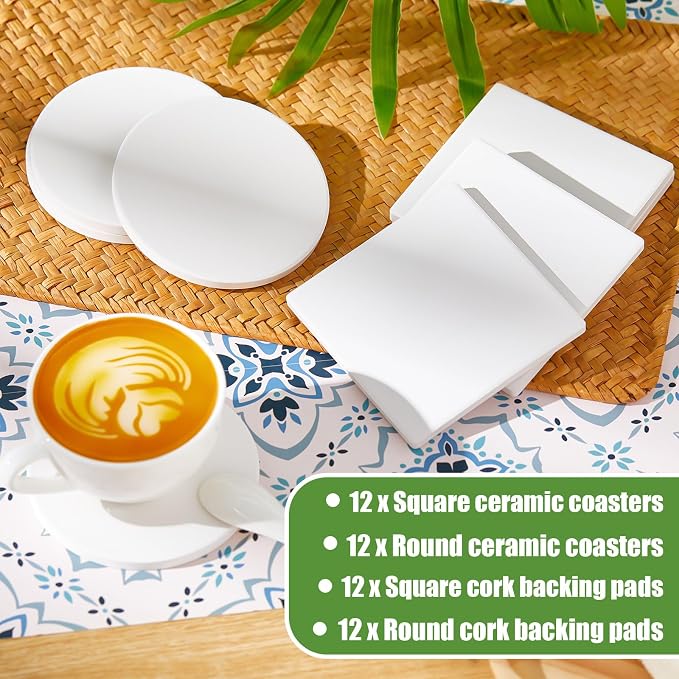 Zopeal 48 Pcs Ceramic Tiles for Crafts Coasters Include Unglazed White Ceramic Tiles with Cork Backing Pads Use with Alcohol Ink Acrylic Pouring for DIY Project Gift (Square,Round) - Image 7