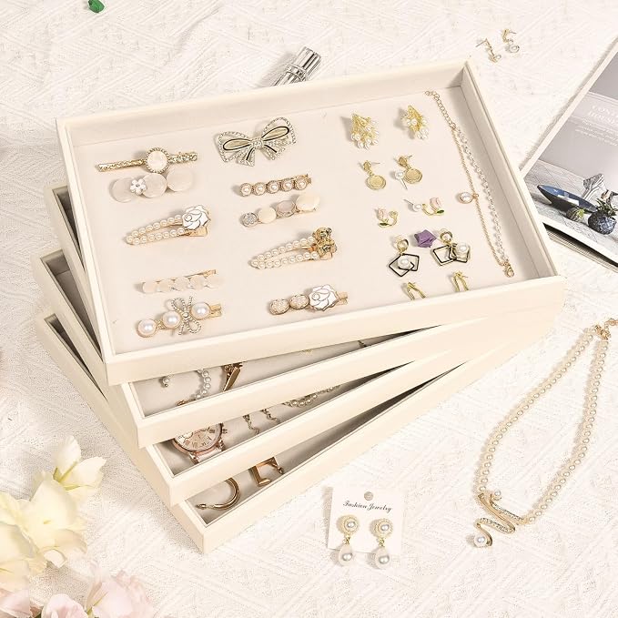 Beige Velvet Jewelry Trays for Drawers Black Jewelrys Display Tray Stackable Jewelry Organizer Trays for Necklace Bracelet Ring Watch (4 Pack) - Image 3