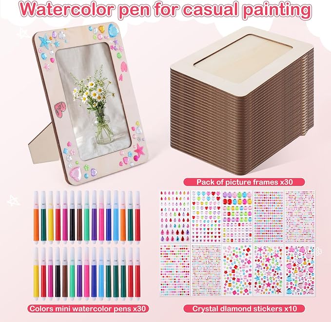 Yousoontic 30 Pack Picture Frame Painting Craft Kit for 4 x 6 Inch Photo DIY Unfinished Wooden Picture Frames with 30 Pcs Color Pens and 10 Sheets Crystal Diamond Stickers for DIY Craft - Image 4