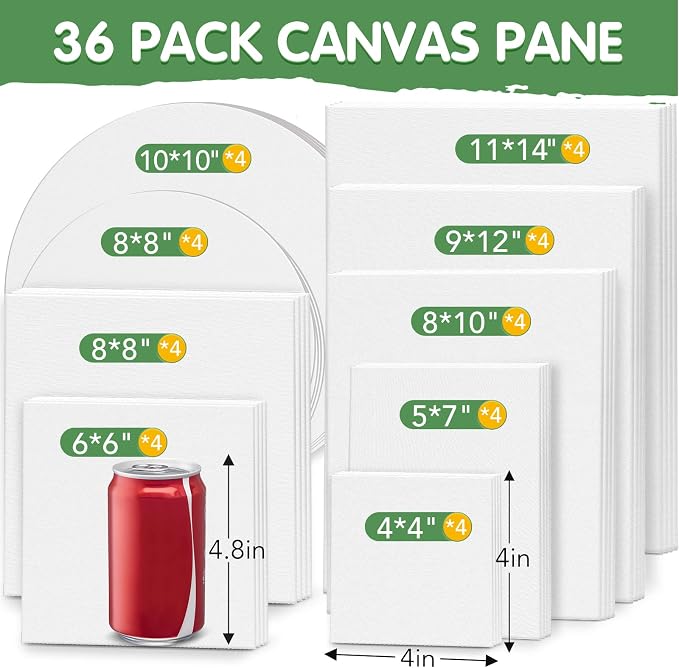 ESRICH Canvases for Painting, 36 Pack Canvas Boards 4x4, 6x6, 8x8, 5x7, 8x10, 9x12, 11x14, Round Canvas Panels with 8x8,10x10-Cotton Primed Blank Large Canvases for Acrylic, Oil, Gouache & Tempera. - Image 2
