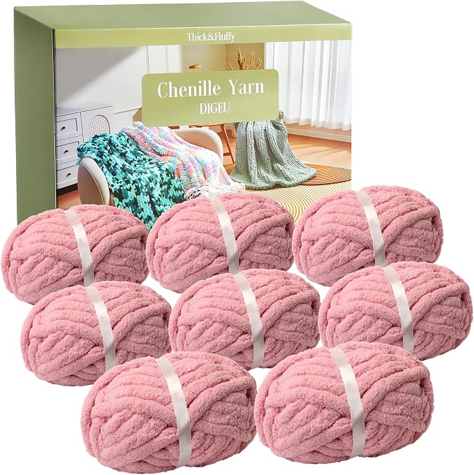 Chunky Chenille Yarn for Hand Knitting 8 Jumbo Pack Chunky Yarn for Hand Soft Blanket Knitting, Bulky Thick Fluffy Yarn for Crocheting (Leather Pink) by DIGEU