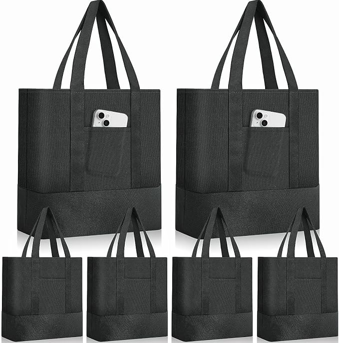 Sanwuta 6 Pcs Mini Canvas Tote Bags Bulk with Pocket Small Sublimation Blank Canvas Tote Reusable Grocery Bag for Women, DIY Craft (Classic Black) by Sanwuta