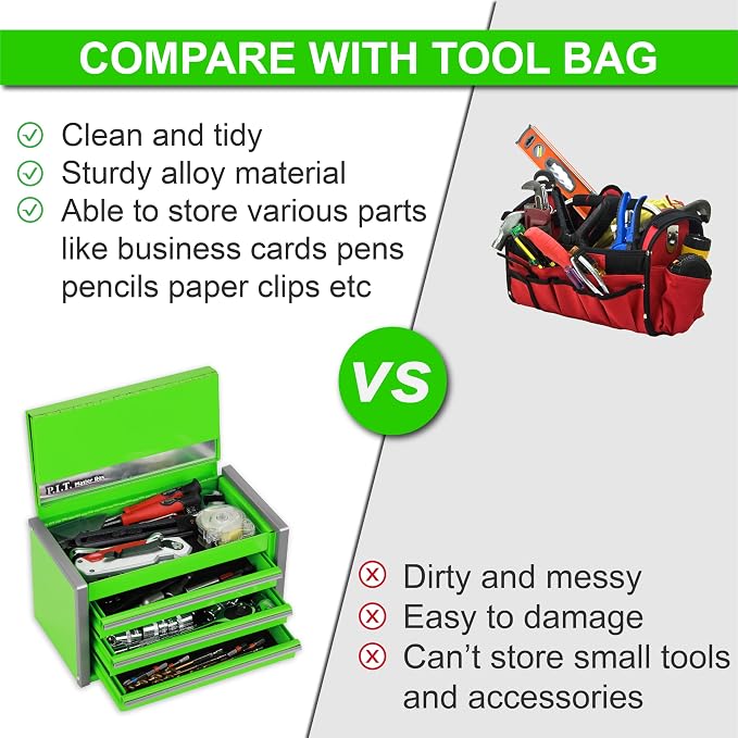 P.I.T. Mini Tool Box,3 Drawers Small Metal Toolbox for Tools Storage,Green | 8.6"W X 4.6"D Cute Size,Q235 Steel,Magnetic Tab Locking,PVC Drawer Liners - Image 6