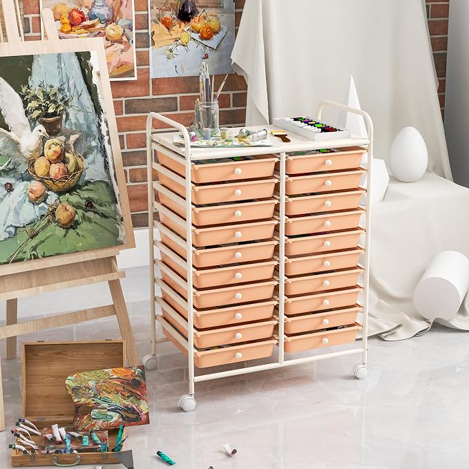 DREAMADE Rolling Cart with Storage Drawers, Utility Cart w/Removable Plastic Drawers, Lockable Wheels, Art Cart for Classroom Organization Art Supplies Office Scrapbook (20 Drawers, Peach) - Image 2