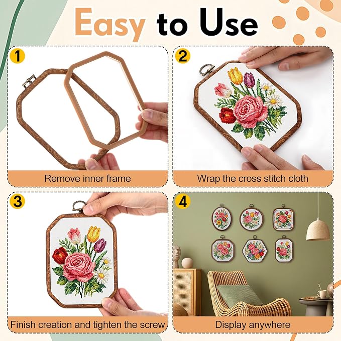 Qunclay 18 Pcs Large Embroidery Hoop Frame Decorative Imitated Wood Display Frame Circle Oval Octagonal Cross Stitch Hoop Ring for DIY Sewing Craft and Hanging Ornaments Decor (Comprehensive) - Image 5