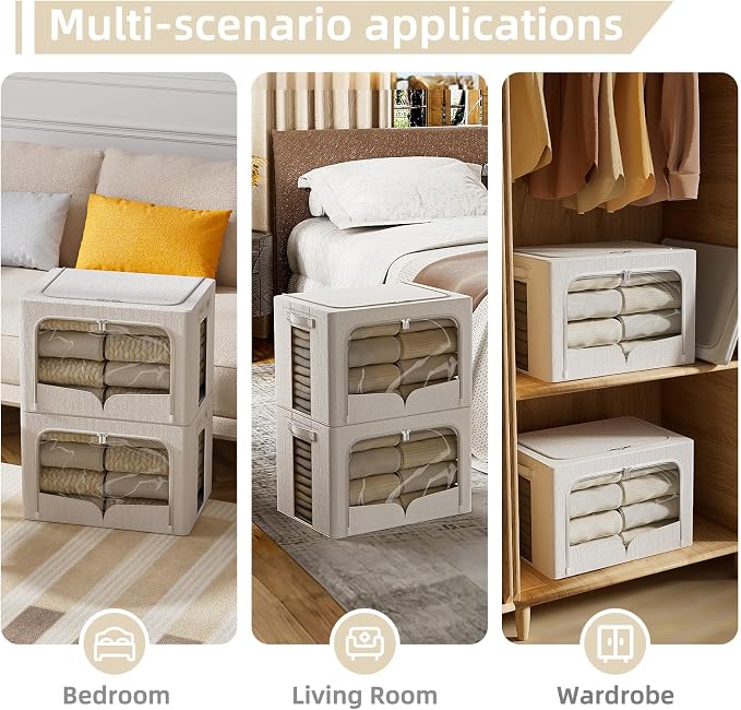 FHSQX 3 Pack Clothes Storage Bins - Foldable Metal Frame Storage Box - Stackable Linen Fabric Container Organizer Set with Carrying Handles and Clear Window (Cream White, 16.5x12.2x12.2inch(40L)) - Image 2