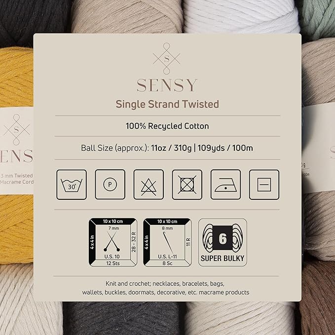 S Sensy 3mm Twisted-Vegan Recycled Cotton Macrame Cord Light Gray 109 Yards - Image 3
