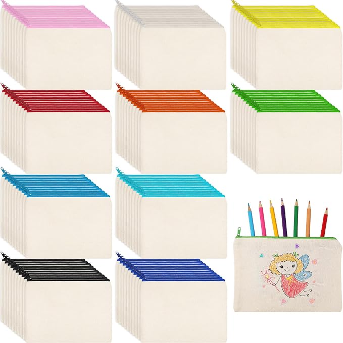 Shappy 100 Pcs Canvas Zipper Pouch Bags Pencil Pouch Bulk Canvas Makeup Bags Blank Pencil Case Cotton Cosmetic Case for Travel DIY Craft (7.87 x 5.70 Inches,M,Beige) by Shappy