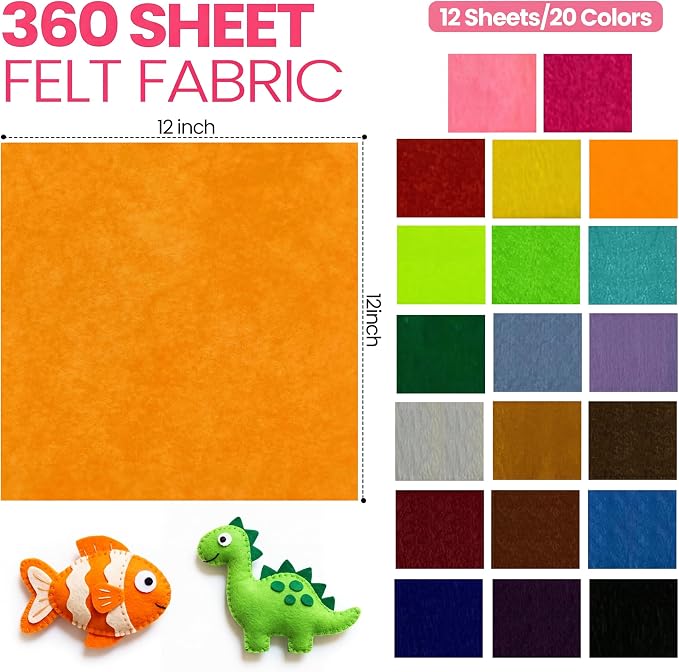 Moukeren 360 Pcs 12 X 12 Inch Felt Sheets, 20 Colors | Stiff Fabric Squares Ideal Craft Sewing, DIY Patchwork Projects, Nonwoven Material, Bulk Supply Holiday and Festival Decor - Image 3