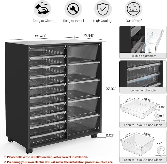 Mobile Storage Cabinet with 15 Clear Drawers, Craft Cabinet with 5 Large Drawers, Cart with Wooden Tabletop, Printer Stand Home Office, Dresser Chest, Modern Black - Image 3