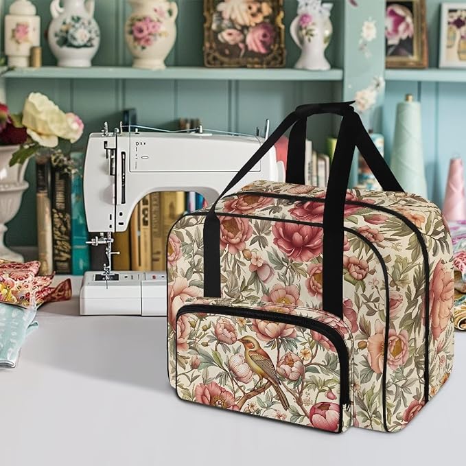Bird Flower Organizer with Zipper Floral Portable Padded Storage with 4 Bottom Rubber Pads Sewing Machine Cases and Totes Soft Storage Bag for Handheld Sewing Machine - Image 2