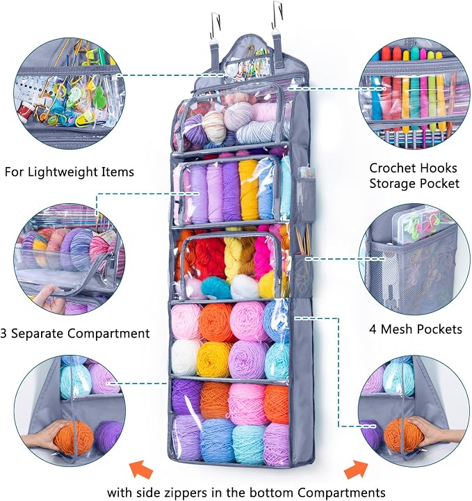 MYBAGZING Hanging Yarn Storage Organizer –Over-the-Door Crochet Organizer with Both Front and Side Zipper Closure -Large Capacity Clear Yarn Holder for Crochet Hooks, Knitting Needles & Accessories - Image 4