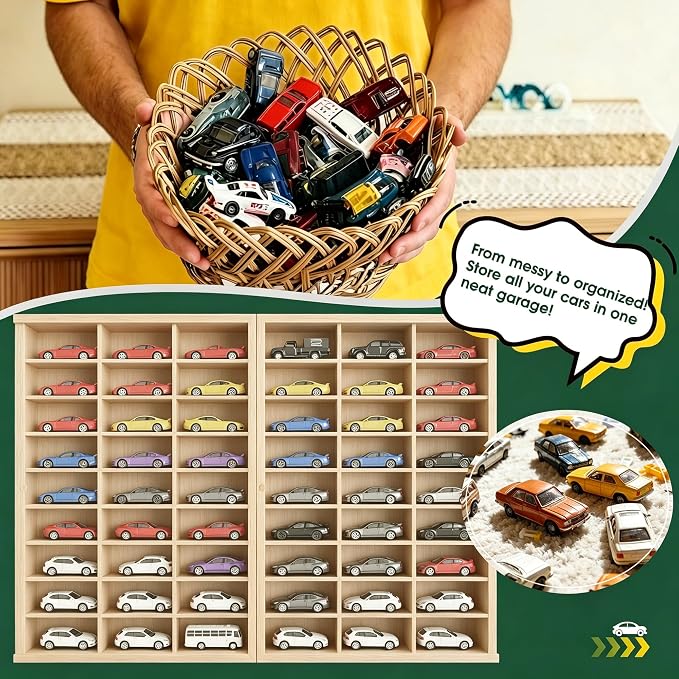 Model Car Display Case 24 x 17 in, Holds 54 Fits 1/64 Scale Toy car Storage Organizer,Wall-Mounted Toy Shelf Display Storage, Collapsible Wooden Box with 2 Acrylic Cover Plates (Only Box - Wood) - Image 4