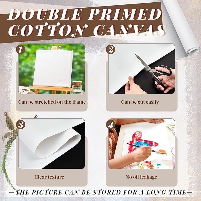 Kinlop 61 Inch x 10 Feet Double Primed Cotton Canvas White Canvas Roll for Oil and Acrylic Paint - Image 3