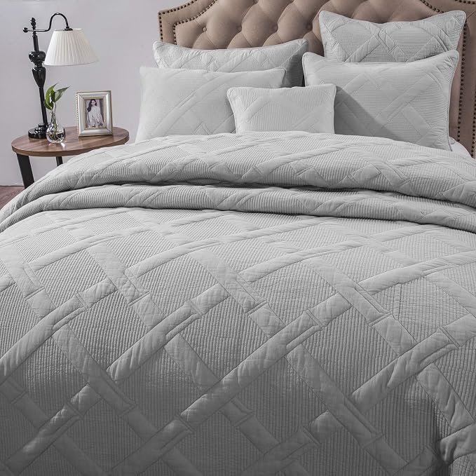 Tache Solid Light Grey Silver Soothing Pastel Soft Cotton Geometric Diamond Stitch Pattern Lightweight Quilted Bedspread 3 Piece Set, Queen - Image 4