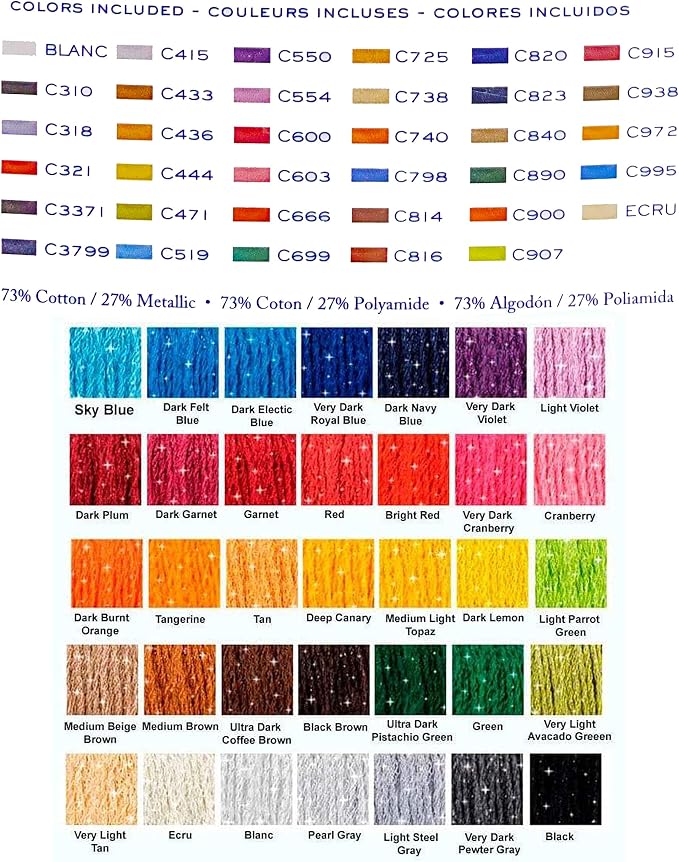 DMC Embroidery Floss, Mouline Etoile Tin Bundle with Hand Needles Size 3/9. | Set of 35 Sparkly Metallic Cross Stitch Thread Kit, Cotton Threads, Metallic String / Yarn 8.7 Yard - Image 4
