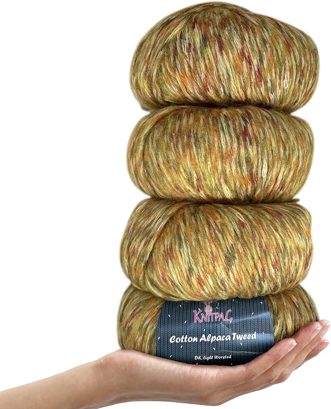 Cotton Alpaca Tweed DK Alpaca Yarn, 4-Pack (588Yds/200G), Pear Green | Soft Alpaca Tweed Yarn for Crocheting with Free Patterns - 3 DK Light Worsted Weight Yarn for Knitting by KnitPal