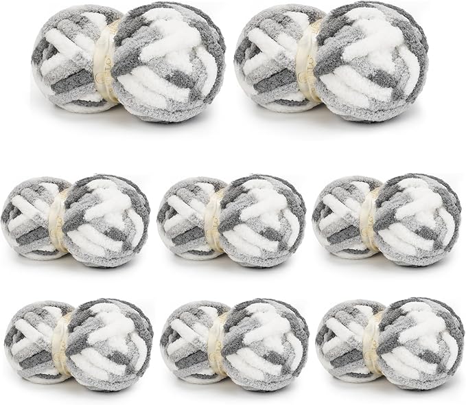 Chunky Yarn for Hand Knitting, Chunky Chenille Blanket Yarn for Crocheting, Bulky Soft Fluffy Chenille for Blanket Project, 8 Pack of 8oz/25yds, White&Gray by BATELO