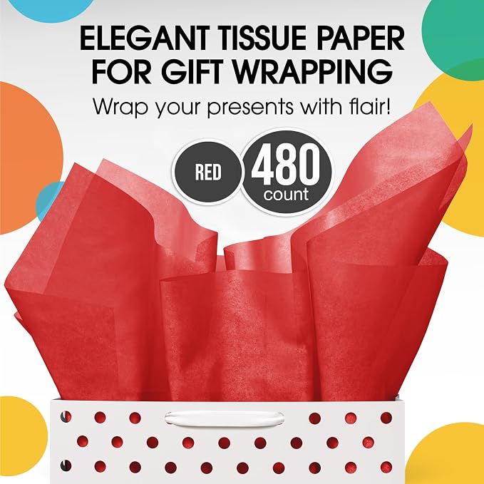Party Solids Red Tissue Paper for Gift Bags - 20" X 30" Bulk Tissue Paper Red 480 Sheets - 10lb Newsprint for Packing, Birthday Gift Box Filler, Packing Supplies for Moving Supplies - Image 4