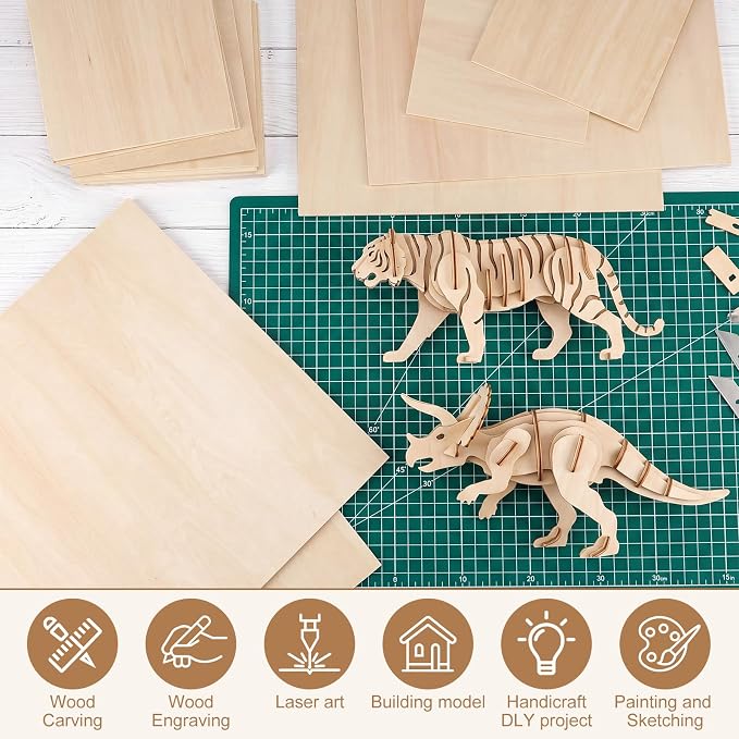 SiliFine 6x6+12x12 Inch 24 Pack Basswood Sheets for Crafts, Mixed Sizes 1/16“or 1/8" 3mm Plywood Boards, Unfinished Wood Sheets for Laser Cutting Burning Paint DIY Project Model (Square) - Image 3