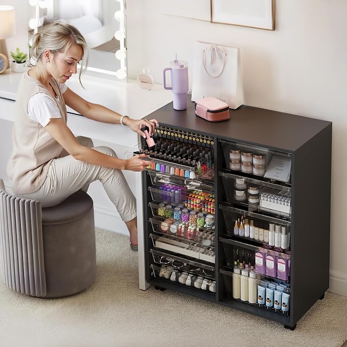 Mobile Storage Cabinet with 15 Clear Drawers, Craft Cabinet with 5 Large Drawers, Cart with Wooden Tabletop, Printer Stand Home Office, Dresser Chest, Modern Black - Image 5