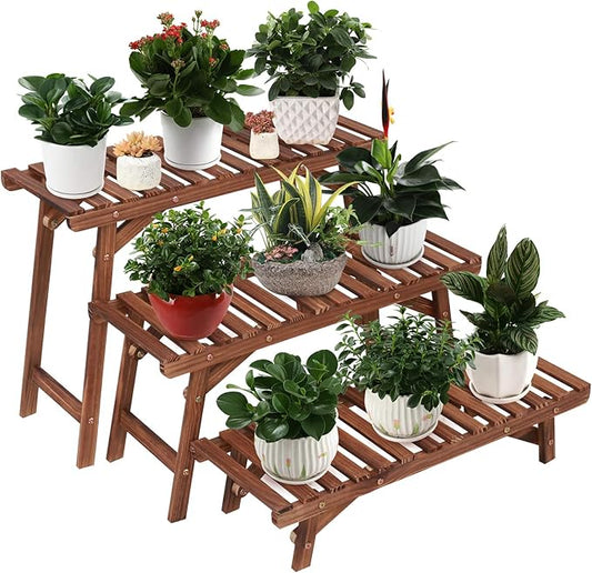 Ufine Freestanding 3 Tier Ladder Shelf Wood Plant Stand Indoor Outdoor Plant Display Rack Flower Pot Holder Planter Organizer