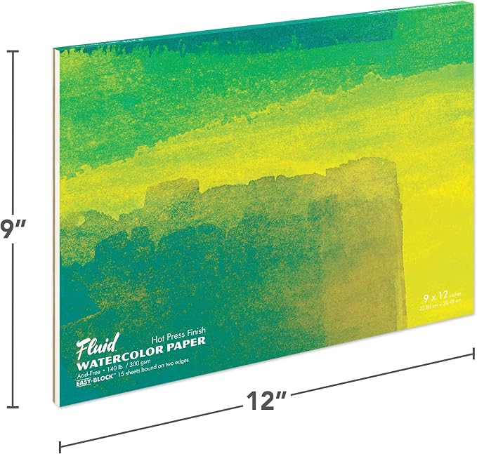Fluid Artist Watercolor Paper Block, 9 x 12 inches, 15 White Sheets, 140 lb (300 GSM) Hot Press Pad for Painting and Wet Media - Image 2