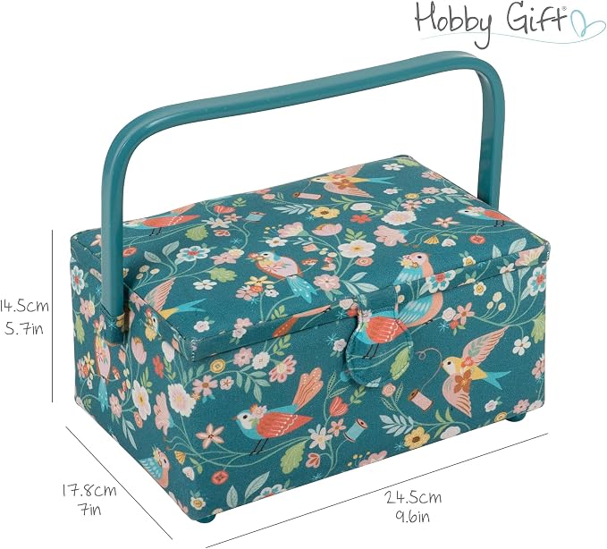 Hobby Gift Medium Sewing Box Organiser, Fabric Covered Storage Box with Handle, Internal Tray, Pin Cushion and Pocket for Sewing, Quilting and Knitting Supplies - Image 6