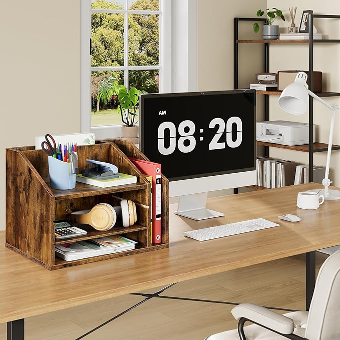 Wooden Desk Organizer with Adjustable Partitions, Multi-Layer Desktop File Holder for Home Office, Paper & Stationery Storage Organizer, Rustic Brown MWJ04FG - Image 3