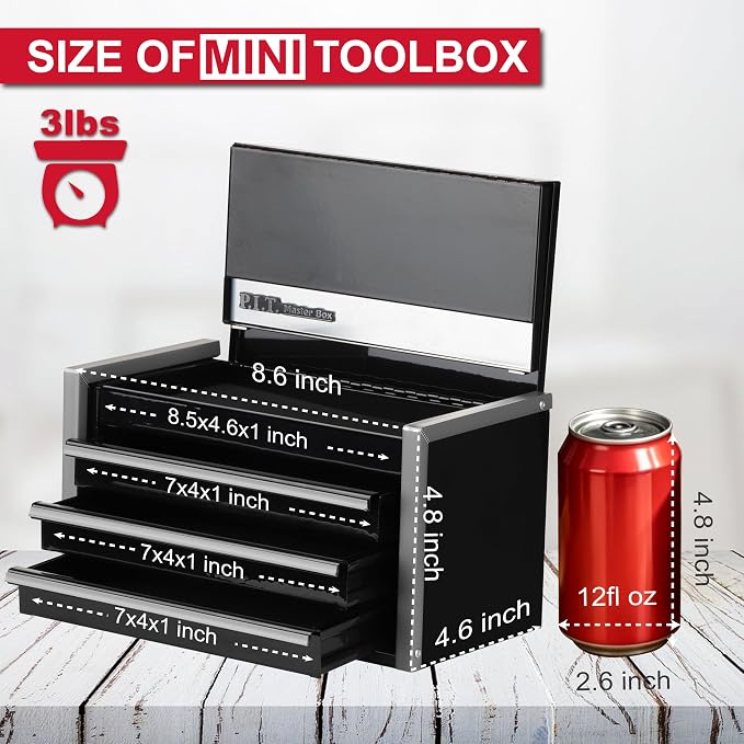 P.I.T. Mini Tool Box,3 Drawers Small Metal Toolbox for Tools Storage,Black | 8.6"W X 4.6"D Cute Size,Q235 Steel,Magnetic Tab Locking,PVC Drawer Liners - Image 3