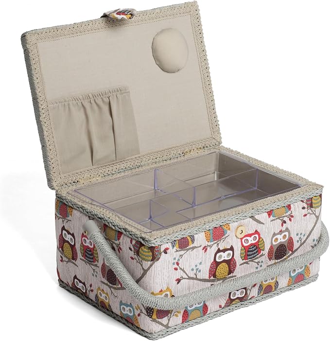 Hobby Gift Medium Sewing Box Organiser | Fabric Covered Storage Box, Handle, Internal Tray, Pin Cushion and Pocket, For Sewing, Quilting and Knitting Supplies - Image 9