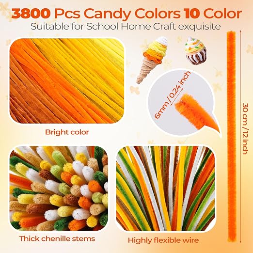 Libima 3800 Pcs Pipe Cleaners Bulk 10 Colors 12" Fall Pipe Cleaners Craft Set Chenille Stems Flower Kit 6mm Colorful Thanksgiving Day Autumn Gift Fuzzy Sticks Party Supply for DIY Art (Natural) - Image 7