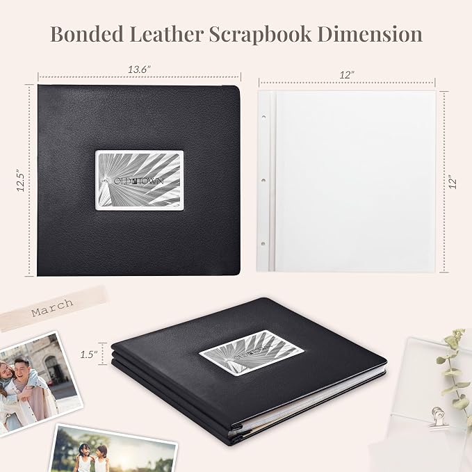 Old Town Bonded Leather Photo Album, Large Leather Scrapbook, Expandable Scrapbook Album 12x12 Double-Sided White Paper Pages and Optically Clear Pockets, Faux Suede Lining, Black - Image 5