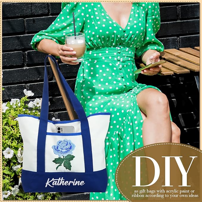 Reginary 16 Pcs Women Canvas Tote Bag 18 Inch Reusable DIY Bag,Blue White | Reusable Shopping Grocery Tote, Thick Washable, Blank Bags Bulk for Holiday Party Favors DIY - Image 2