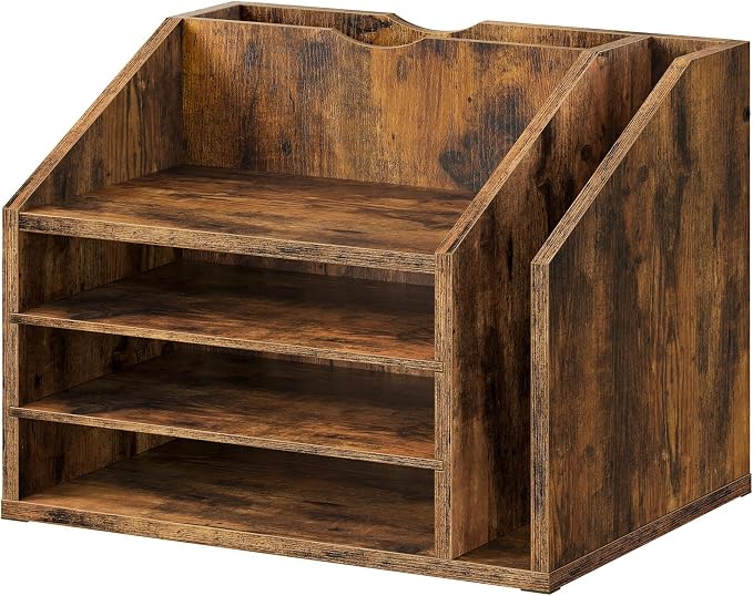 Wooden Desk Organizer with Adjustable Partitions, Multi-Layer Desktop File Holder for Home Office, Paper & Stationery Storage Organizer, Rustic Brown MWJ04FG - Image 9