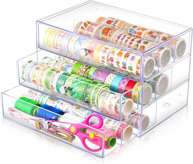 Wonderjune 1 Pack 3 Drawer Clear Washi Tape Organizer Acrylic Storage Box | 10 x 7 x 6.8 in, Divided Drawers, Clear Plastic Cube, Visible Storage for Craft Tape, Jewelry, Makeup Supplies by Wonderjune