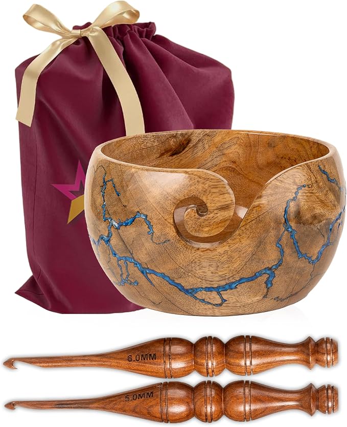 Cute Wooden Yarn Bowl for Crocheting, 7x4inch Large Mango wood Crochet Holder Gift Accessories and Knitting Gadgets Supplies Handcrafted with Fractal Wood Burning & Blue Resin Inlay (M-Blue) by Home