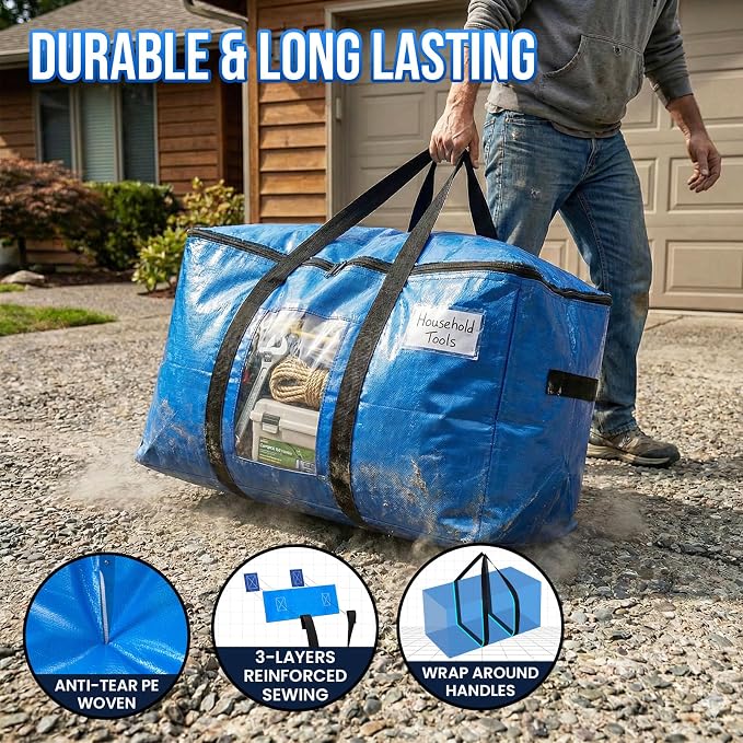TAILI 4 Pack Blue Extra Large Moving Bags,Storage Bags with Visible Window | 93L Heavy Duty Totes For Storage,Wrap Around Handles,Alternative to Moving Boxes, College Dorm,Perfect for Moving - Image 3