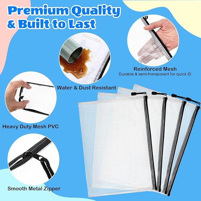 Zhehao 500 Pcs A4 Mesh Zipper Pouch Bags Bulk 13.2 x 9.5 Inches,Black | Large Clear Pencil File Storage Bags Waterproof Mesh Zipper Organizer for School Office Travel Organization Puzzle Supplies - Image 3