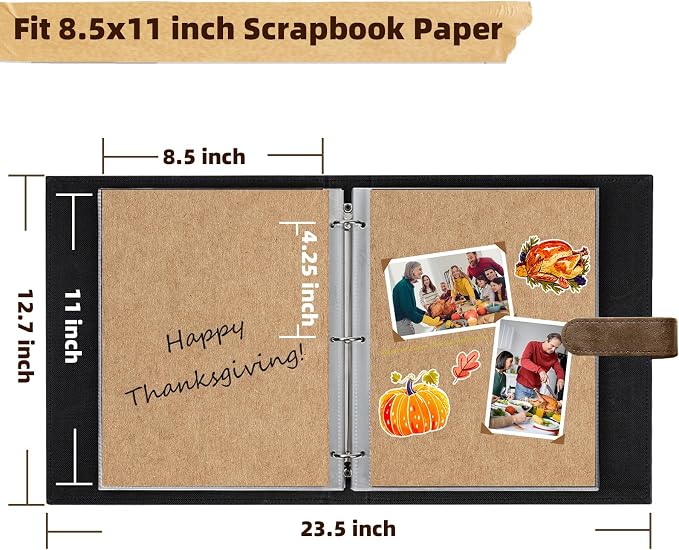 Vienrose 13"x11" Scrapbook Album Gift Set Faux Leather DarkBrown 60 Pages | 3 Ring Scrapbook With 60 Kraft Pages, 30 Plastic Sleeves, Blank Scrapbooks, Photobook, Valentine Gift Wedding Anniversary - Image 3