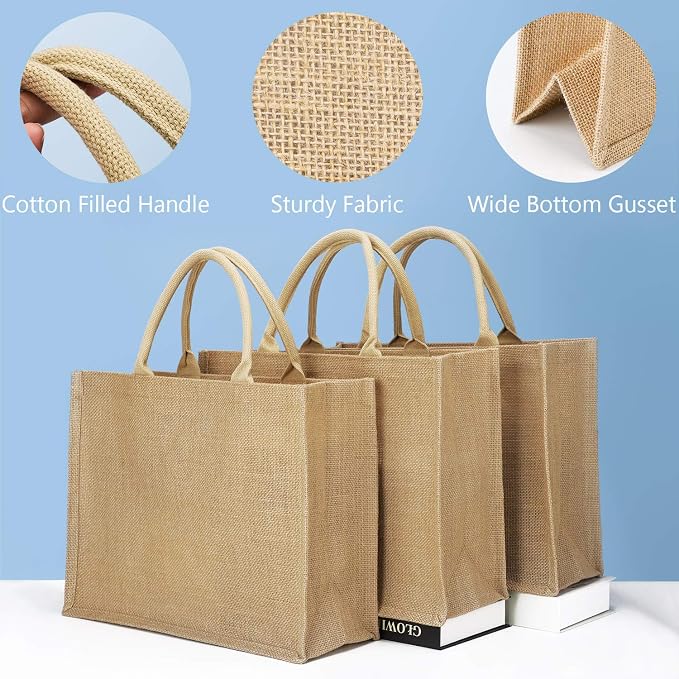 Segarty Tote Bags, 3 Pack Large Burlap Jute Reusable Canvas Gift Favors Bag with Handles Blank Tote Bulk for Bridesmaid Wedding, Women Market Grocery Shopping, Bachelorette Party, Beach Trip, DIY - Image 6