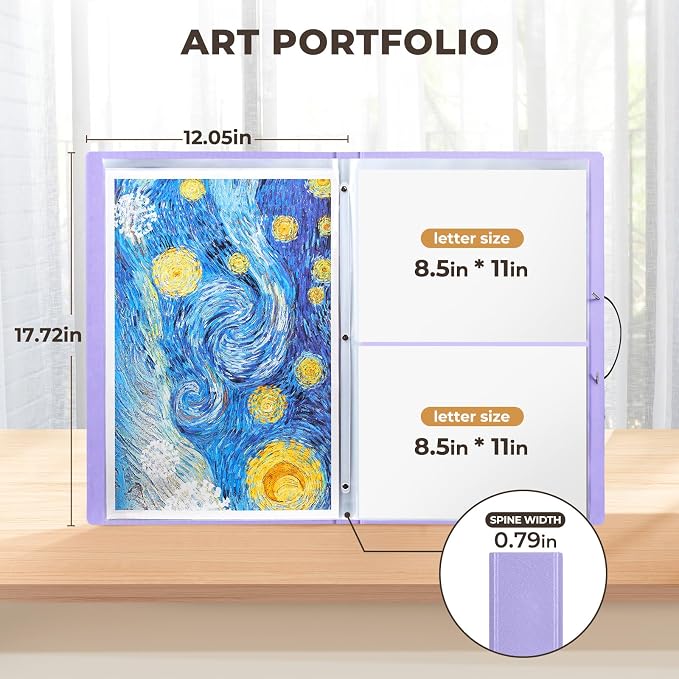 JoyCat 11 x 17 Art Portfolio Binder, 40 Pockets Display 80 Pages, Purple | Acid free 40 pocket portfolio displays up to 80 pages and stores artwork, drawings, and presentations up to 11 x 17 in - Image 2
