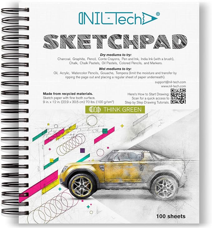 100 Sheets Premium Sketch Book - 9x12 Inches (68 lb/100 GSM) Sketch Pad with Spiral Bound for Colored Pencils, Gel Pens, Mechanical Pencils, Charcoal, Ballpoint Pens, Fineliner Pens and Pastels by NIL-TECH