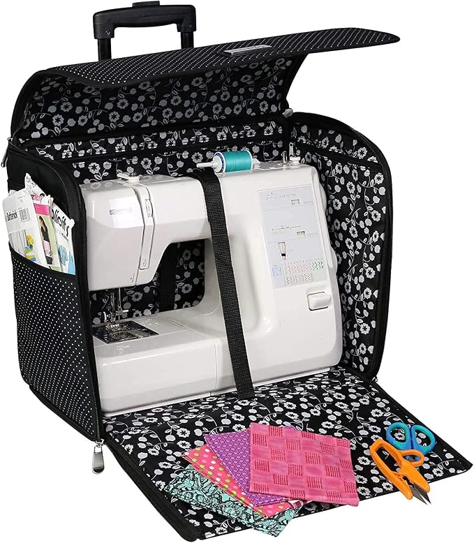 Everything Mary Collapsible Sewing Machine Case, Black Dot - Craft Rolling Tote Cover Bag with Wheels for Brother, Singer & Most Machines - Storage Organization Carrying Cart for Accessories by EverythingMary