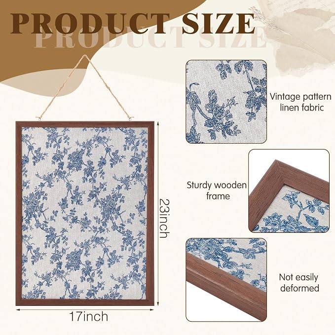 Leinuosen 17" x 23" Linen Cork Board for Walls Decorative Blue Rose Cork Boards Wood Framed Bulletin Boards, Picture Display Vision Pin Corkboards for Farmhouse Home Room Office Cottagecore Decor - Image 2